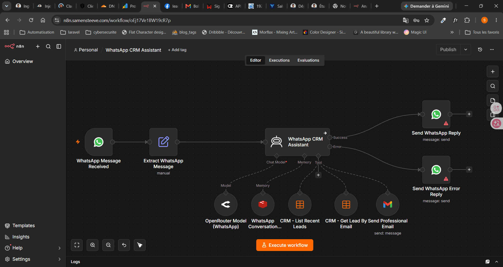 n8n workflow — WhatsApp CRM Assistant: WhatsApp message trigger, extraction, AI agent with Redis memory and CRM tools, reply or professional email delivery